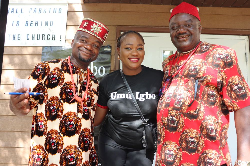 Members of Umu Igbo Brandon Association Inc.—Calistus Ekenna, Leslie Ugwuoke and Tony Ugwuoke— pose for a group photo outside the Ukrainian Reading Association Hall during Saturday’s Igbo Cultural Day and New Yam Festival. (Kyle Darbyson/The Brandon Sun)