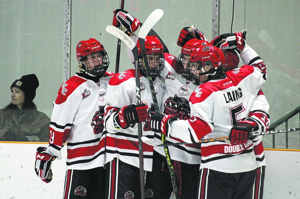 The Southwest Cougars celebrate after scoring a goal against the Parkland Rangers during a Manitoba AAA Under-18 Hockey League game in Killarney earlier this month. (Lucas Punkari/The Brandon Sun)