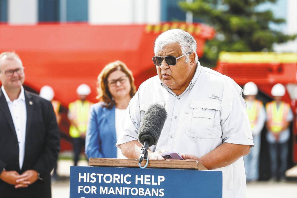 Gambler First Nation chief David LeDoux, pictured here speaking at the Critical Minerals Strategy announcement at Sandvik Mining on July 25, has announced a new foundation that will provide tools, education and resources to combat the crisis of missing and murdered Indigenous women, girls and two-spirited individuals across Canada. (File)