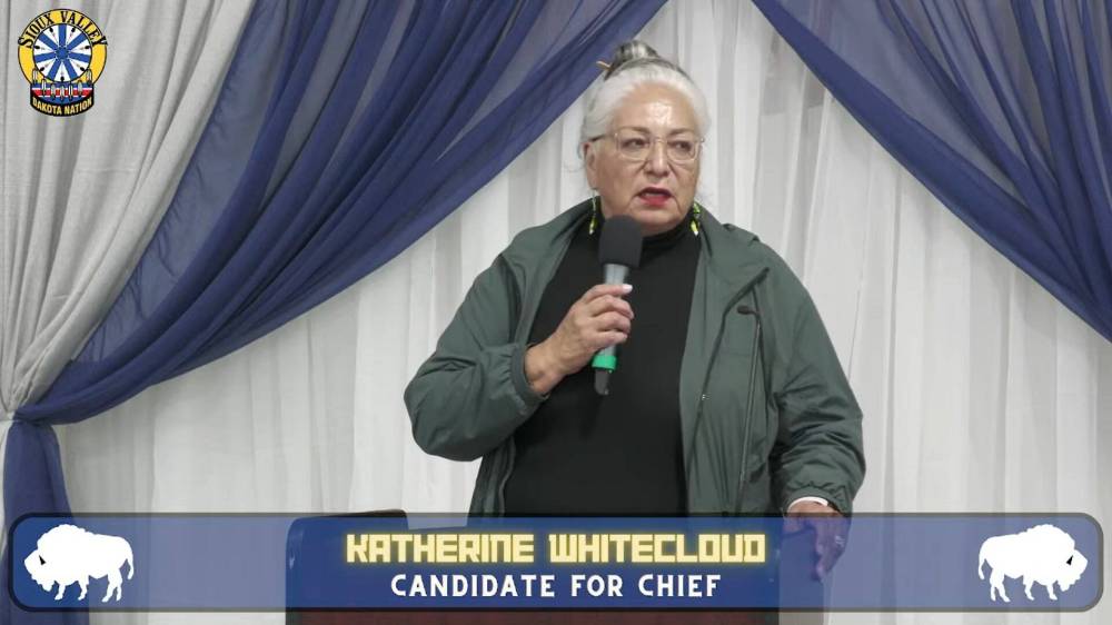 Former chief Katherine Whitecloud said during a candidates forum held in Sioux Valley Dakota Nation Wednesday evening that young people need more opportunities to let their voices be heard — something she said will happen if she is elected chief. (Screenshot)