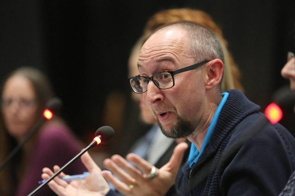 Brandon School Division trustee candidate Brad Rusnak gets a little animated while answering a question from a panelist during the all-candidates debate on Wednesday evening at Brandon University's Evans Theatre. (Matt Goerzen/The Brandon Sun)