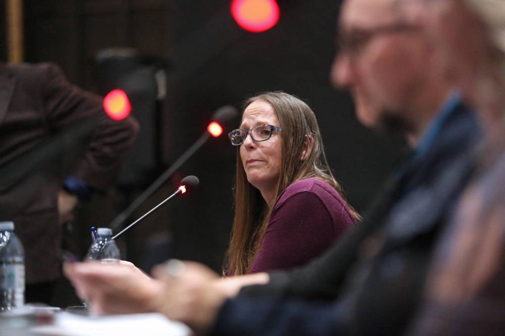 Brandon School Division byelection candidate for trustee Breanne Bauche checks her emotions during an all-candidates forum at Brandon University's Evans Theatre on Wednesday evening, while referencing the Saskatchewan government's use of the federal notwithstanding clause in a controversial new bill that would require schools to receive consent from parents before using a child's gender-related preferred name or gender identity if they are under 16. (Matt Goerzen/The Brandon Sun)