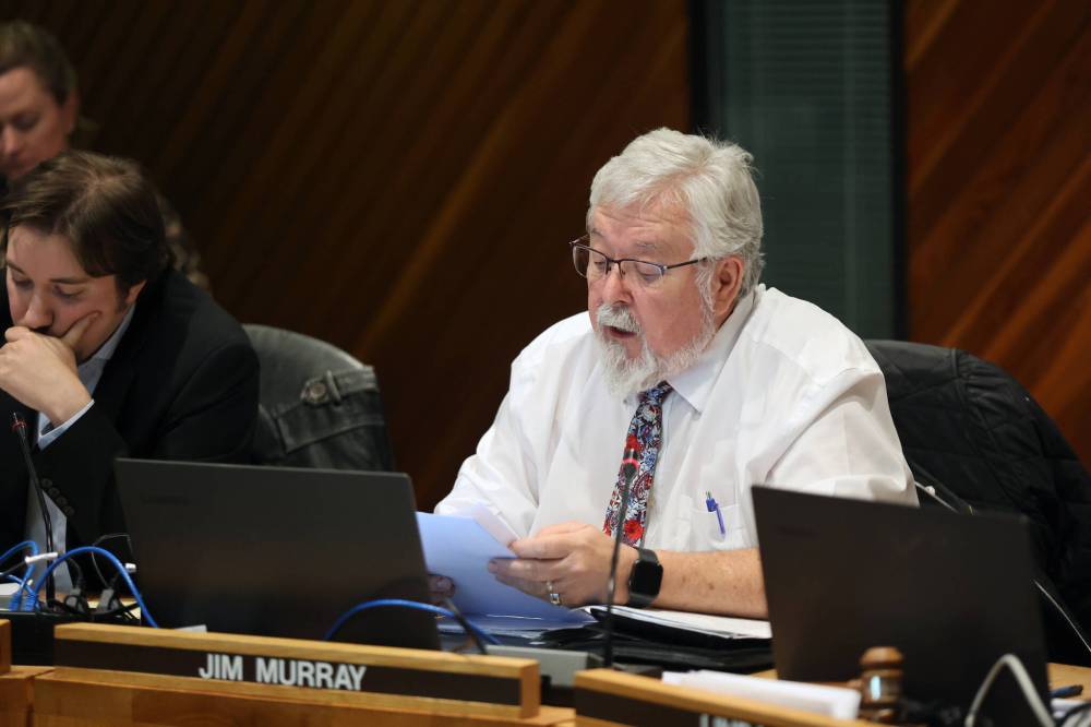 Brandon School Division board vice-chair Jim Murray explains a request to rule presenter Lorraine Hackenschmidt’s comments out of order during Monday’s meeting. Hackenschmidt was eventually ordered to cease her presentation, with chair Linda Ross saying her comments were on the verge of hate speech. (Colin Slark/The Brandon Sun)