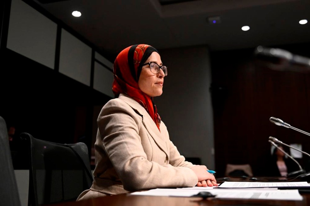 Amira Elghawaby, Canada’s Special Representative on Combatting Islamophobia, prepares to appear as a witness before the Senate Human Rights committee, at the Senate of Canada Building in Ottawa on Monday, March 27, 2023. THE CANADIAN PRESS/Justin Tang