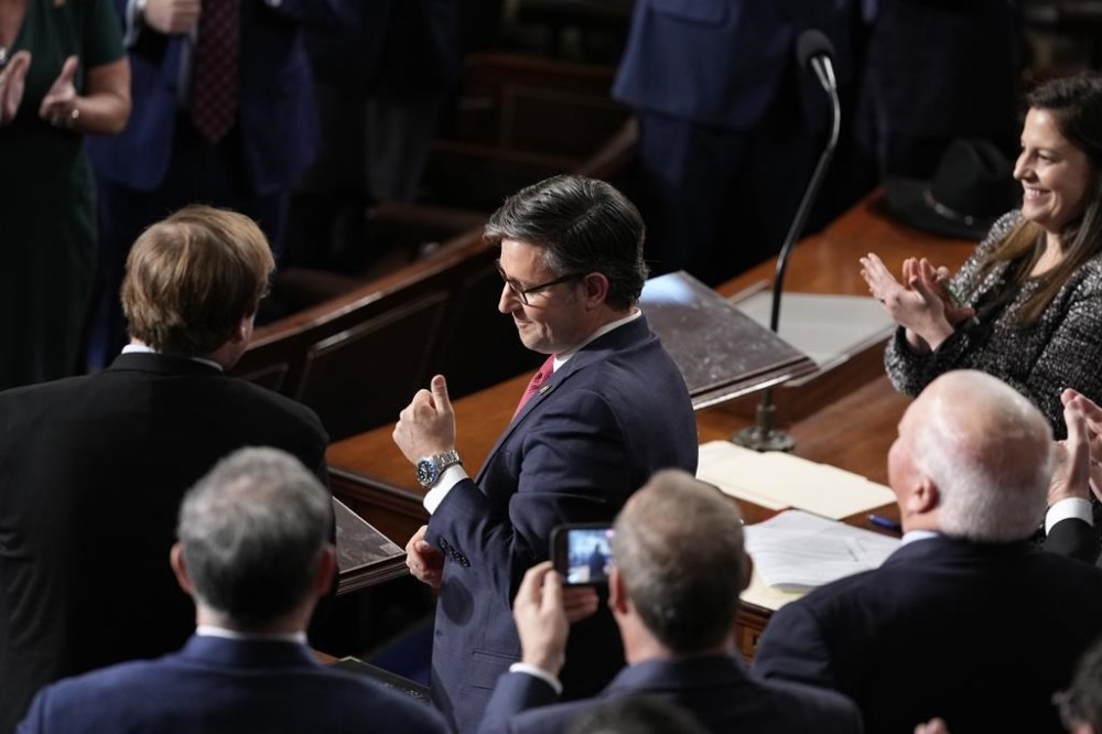 House speaker-elect Rep. Mike Johnson, R-La., acknowledges Republican members at the Capitol in Washington, Wednesday, Oct. 25, 2023, after being elected as the new speaker. (AP Photo/Alex Brandon)