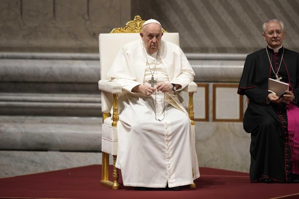 Pope Francis leads a prayer for peace inside St. Peter's Basilica, at The Vatican, Friday, Oct. 27, 2023. (AP Photo/Andrew Medichini)
