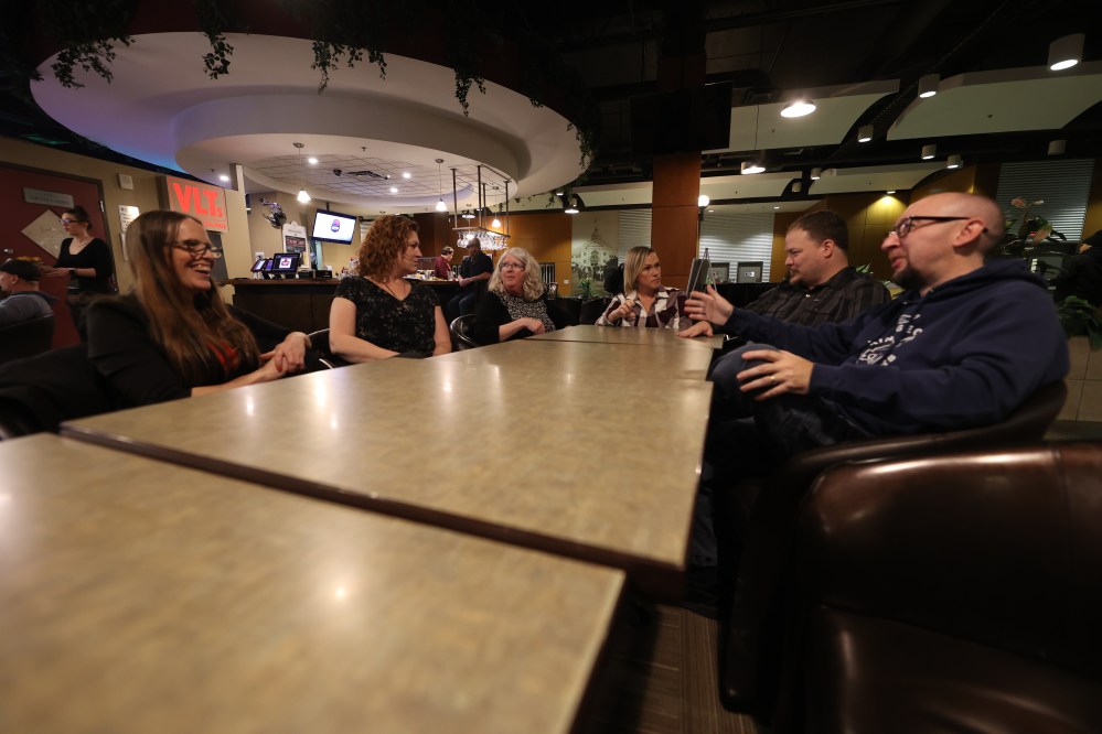 Brandon School Division byelection candidates (from left to right) Breanne Bauche, Bonnie-Lynn Mills, Lorraine McConnell, Sheri Miller, Kirk Carr, and Brad Rusnak chat at Canad Inns while waiting for polls to close on Wednesday evening. Kirk Carr was elected in Ward 1 and Lorraine McConnell has been elected in Ward 2. This online story will be updated with results. The Brandon Sun's deadline is too early to allow for full coverage to appear in the print edition on Thursday; that coverage will appear in the Friday edition. (Colin Slark/The Brandon Sun)
