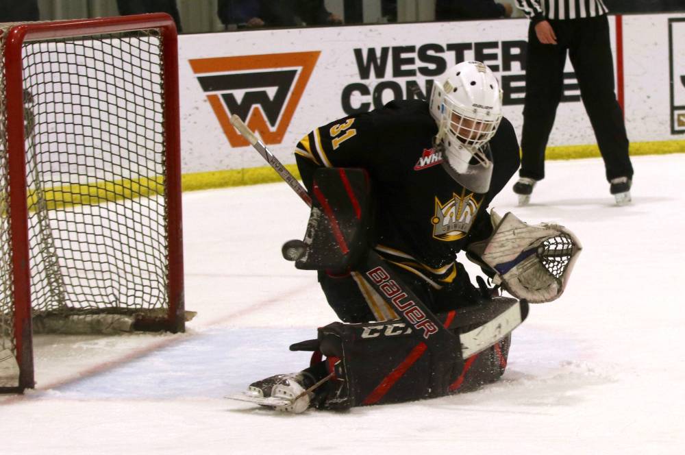 Goaltender Burke Hood, shown in action with the Manitoba U18 AAA Hockey League’s Brandon Wheat Kings at J&G Homes Arena on Saturday evening, spent last season at the Rink Hockey Academy but decided to come home for this season. (Perry Bergson/The Brandon Sun)