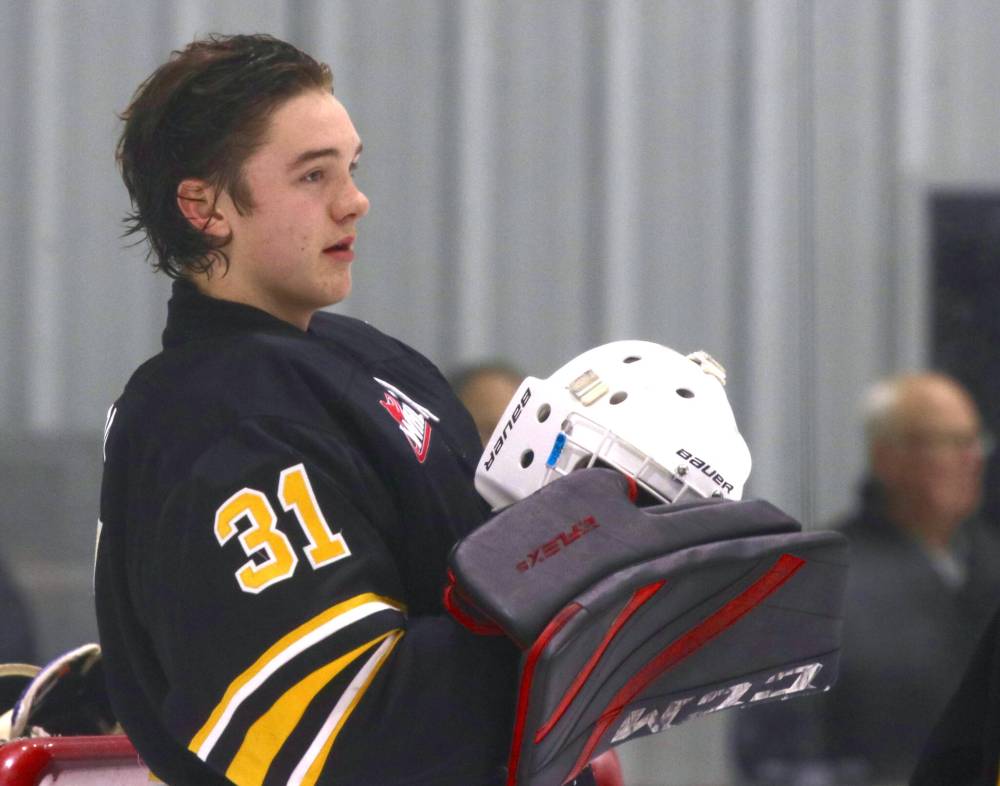 Brandon Wheat Kings goaltender Burke Hood, shown in action at J&G Homes Arena on Saturday evening, is making a great impression in his rookie season in the Manitoba U18 AAA Hockey League. (Perry Bergson/The Brandon Sun)
