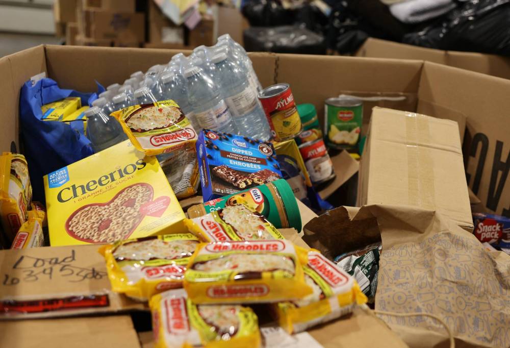 One of the many bins of non-perishable food items that were donated during the Fill the Freightliner fundraiser. (Michele McDougall/The Brandon Sun)