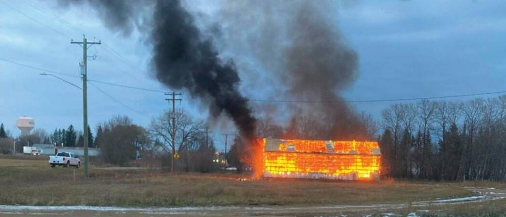 The old Neepawa Food Processors barn burned down on Nov. 4. Fire Chief Yves Guillas says the fire is suspicious and is being investigated. (Neepawa Banner & Press)