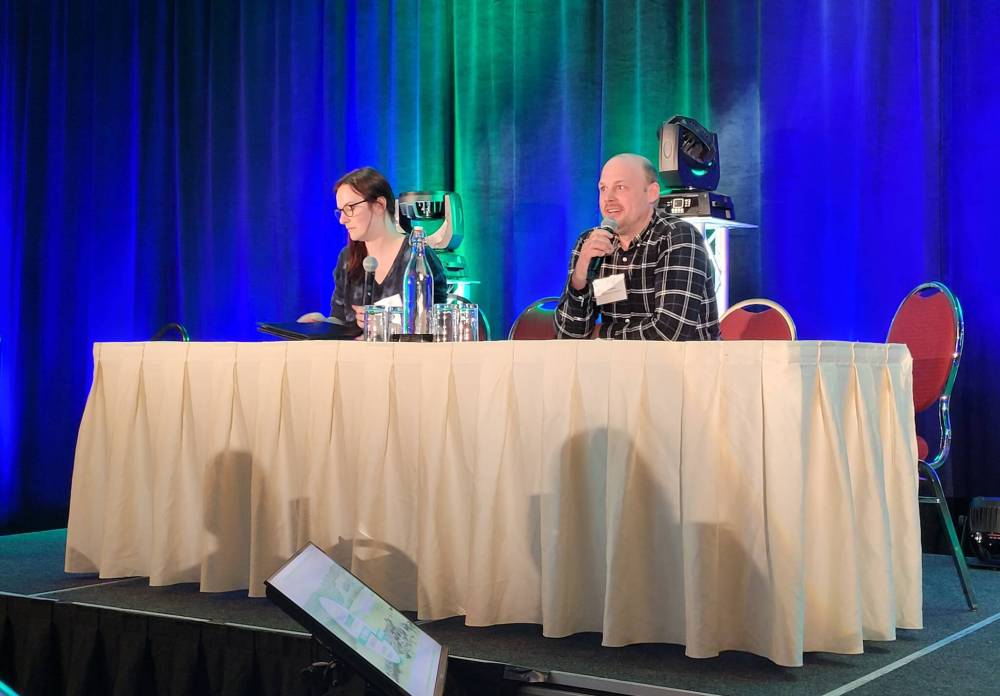 Kristelle Harper (right), of Circle H Farms just outside of Brandon and Jim Appleby (left) of Stoney Brook Creamery in Friedensfeld, Man., took part in a producer panel at the Manitoba Forage & Grassland Association’s sixth annual conference on Nov. 13-15 in Brandon. (Miranda Leybourne/The Brandon Sun)