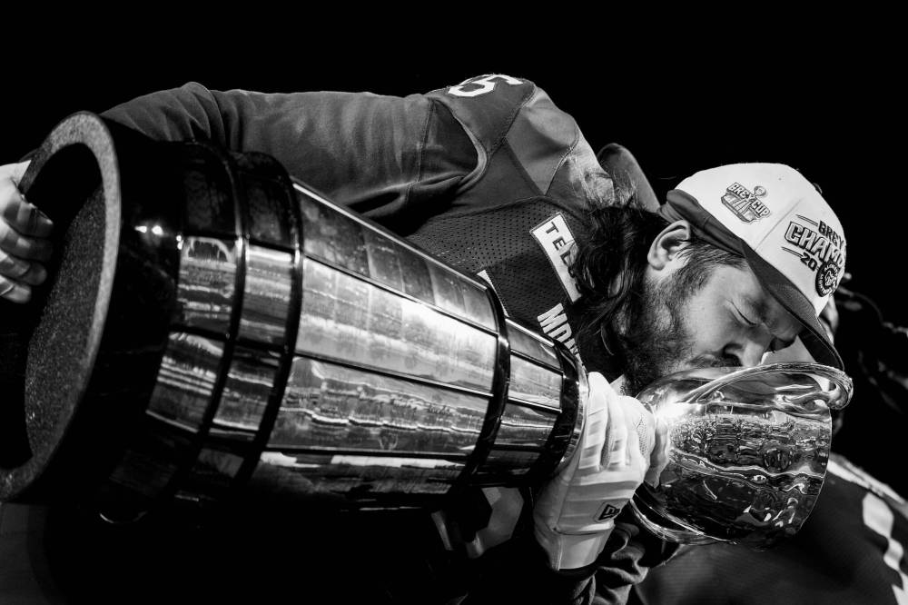 Landon Rice of Brandon celebrates his first Grey Cup title with the Montreal Alouettes after 10 seasons in the Canadian Football League. The image was only available in black and white. (Kevin Sousa/CFL)