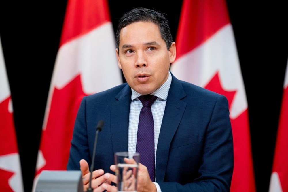 President of Inuit Tapiriit Kanatami, Natan Obed, delivers remarks at the National Press Theatre in Ottawa, on Thursday, Nov. 2, 2023. THE CANADIAN PRESS/Spencer Colby