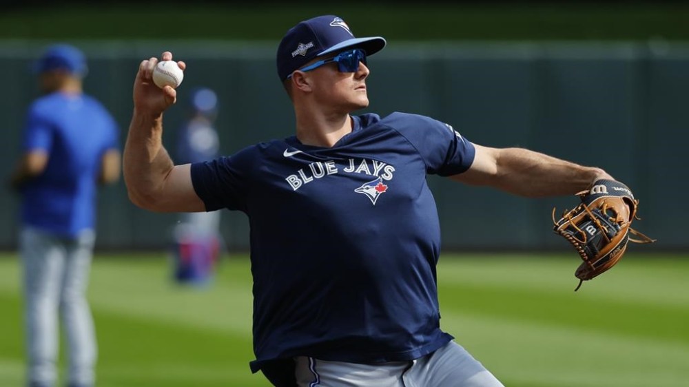 Toronto Blue Jays third baseman Matt Chapman throws during batting practice before Game 1 of an AL wild-card baseball playoff series against the Minnesota Twins October 3, 2023, in Minneapolis. THE CANADIAN PRESS/AP, Bruce Kluckhohn