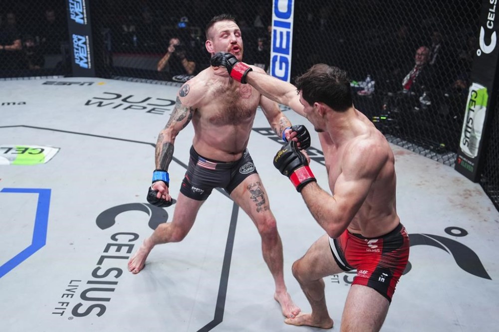 Canadian Olivier Aubin-Mercier (right) connects with American (Cassigus) Clay Collard on Saturday.Nov.23, 2023 in Washington. Mercier won a decision to claim won the PFL lightweight title and US$1 million for the second year in a row.THE CANADIAN PRESS/HO/Professional Fighters League-Cooper Neil **MANDATORY CREDIT**