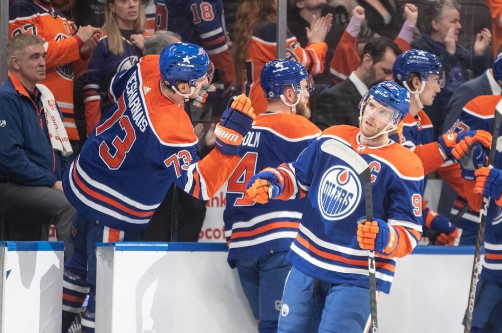 Edmonton Oilers captain Connor McDavid (97) celebrates a goal against the Anaheim Ducks during first period NHL action in Edmonton on Sunday, Nov. 26, 2023. McDavid, Tampa Bay Lightning winger Nikita Kucherov and Nashville Predators goaltender Juuse Saros have been named the NHL’s three stars of the week. THE CANADIAN PRESS/Jason Franson
