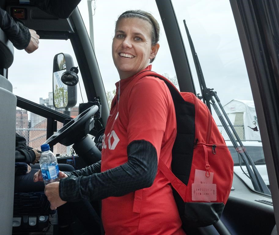 Canada’s national women’s soccer team captain Christine Sinclair boards the team bus after practice Thursday, October 26, 2023 in Montreal. The 40-year-old from Burnaby. B.C., is calling time on her international career with a pair of games against Australia in her backyard — on Friday at Starling Stadium in Langford, B.C., and Dec. 5 in Vancouver.THE CANADIAN PRESS/Ryan Remiorz