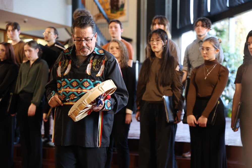 Manitoba’s Cory Campbell in his role of songkeeper during Andrew Balfour’s piece called “War Oratorio Nôtinikêw,” (Going to War), in Brandon on Sunday, which tells the stories of forgotten Indigenous soldiers through music. (Michele McDougall/The Brandon Sun)