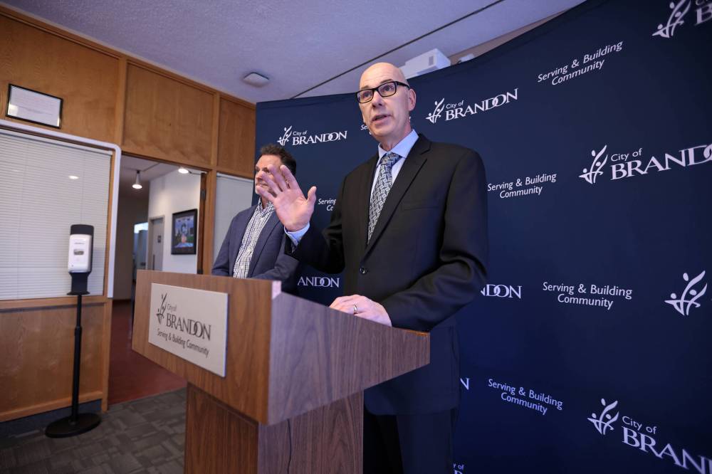 Brandon city manager Ron Bowles speaks at city hall on Friday during a press conference regarding the 2024 budget and the release of a contracted sustainability report by MNP. (Tim Smith/The Brandon Sun)