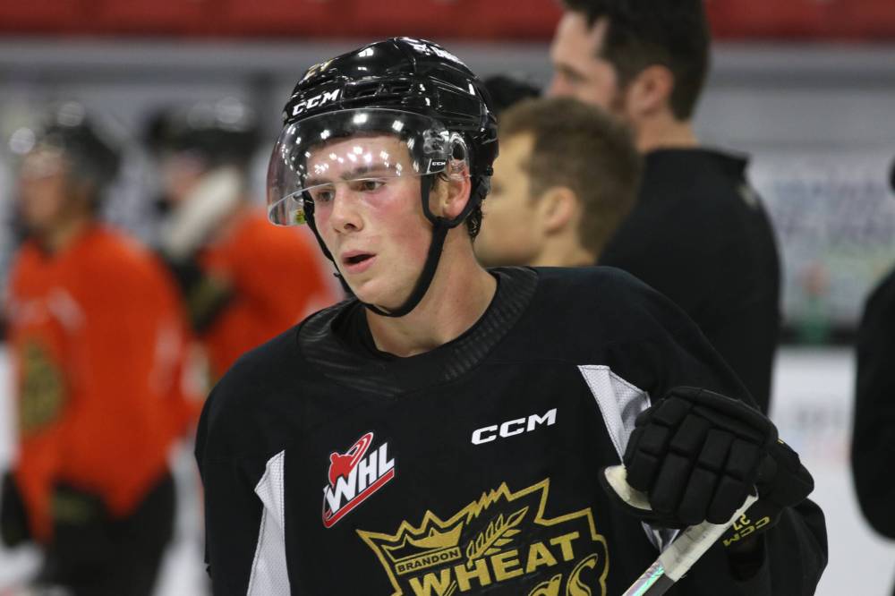 Brandon Wheat Kings defenceman Luke Shipley, shown at practice earlier this season, said the Saskatoon Blades will offer a stout test for his club when they visit Westoba Place tonight. On Wednesday, Shipley assisted on Brandon's overtime winner by Jayden Wiens in a 5-4 victory over the Regina Pats and was +2 in the game. (Perry Bergson/The Brandon Sun)
