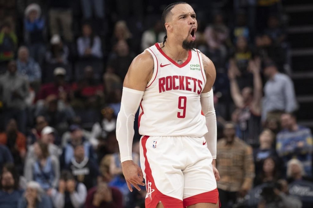 Houston Rockets guard Dillon Brooks (9) celebrates during the second half of the team's NBA basketball game against the Memphis Grizzlies on Friday, Dec. 15, 2023, in Memphis, Tenn. Brooks made some statements in his first game back in Memphis last Friday. The Mississauga, Ont., native scored 24 of his 26 points in the second half as the Houston Rockets overcame a double-digit, first-half deficit to top the Grizzlies 103-96. THE CANADIAN PRESS/AP/Nikki Boertman