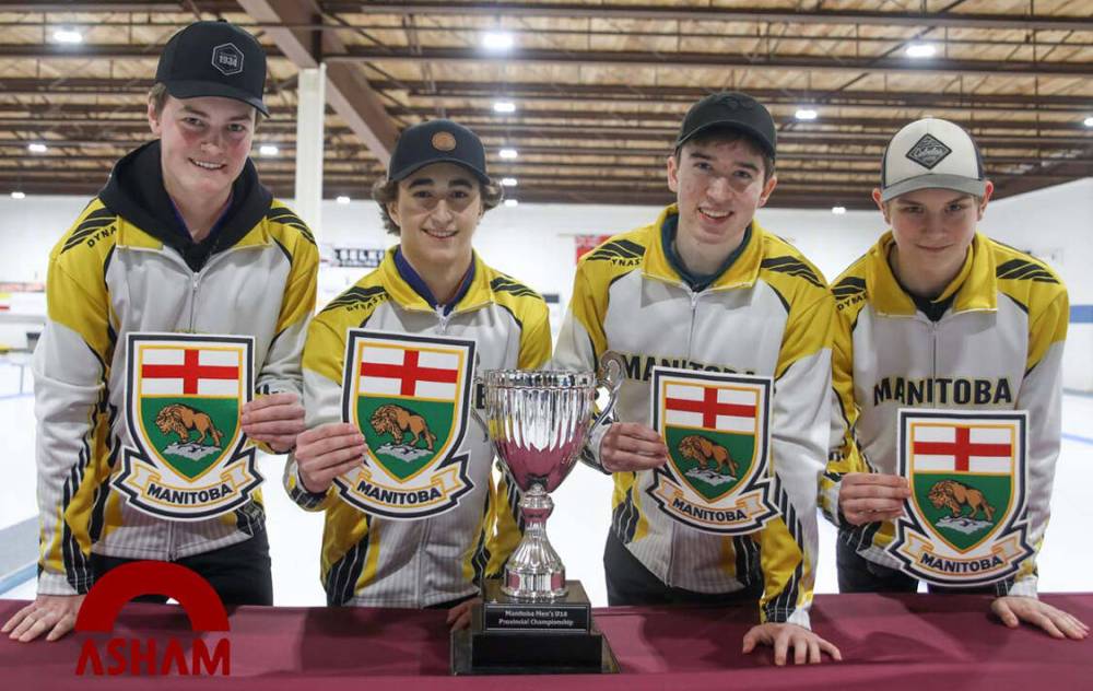 Skip Rylan Campbell, from left, third Logan Zacharias, second Nick Senff and lead Rylan Graham show off their new Team Manitoba team jackets and crests after winning the U18 provincial title in Selkirk (Photo courtesy CurlManitoba)