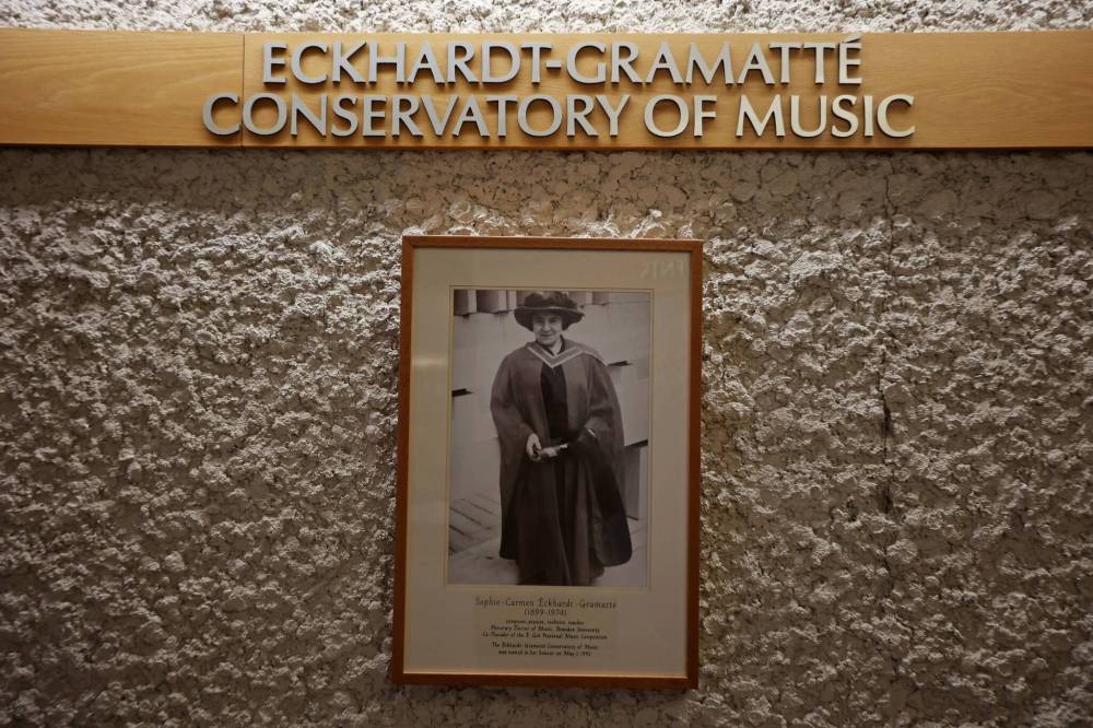 A plaque for the Eckhardt-Gramatté Conservatory of Music inside the Queen Elizabeth II Music Building at Brandon University. The conservatory was named in 1992 after Sophie Carmen Eckhardt-Gramatté, who is depicted in the photo. (Tim Smith/The Brandon Sun)