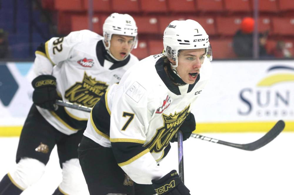 Brandon Wheat Kings defenceman Charlie Elick (7), shown after the puck was dropped in his end in a game against the Prince Albert Raiders last Sunday with forward Dominik Petr (82) in the background, will attend the Canadian Hockey League's Top Prospects Game on Wednesday in the Avenir Centre in Moncton, N.B. (Perry Bergson/The Brandon Sun)