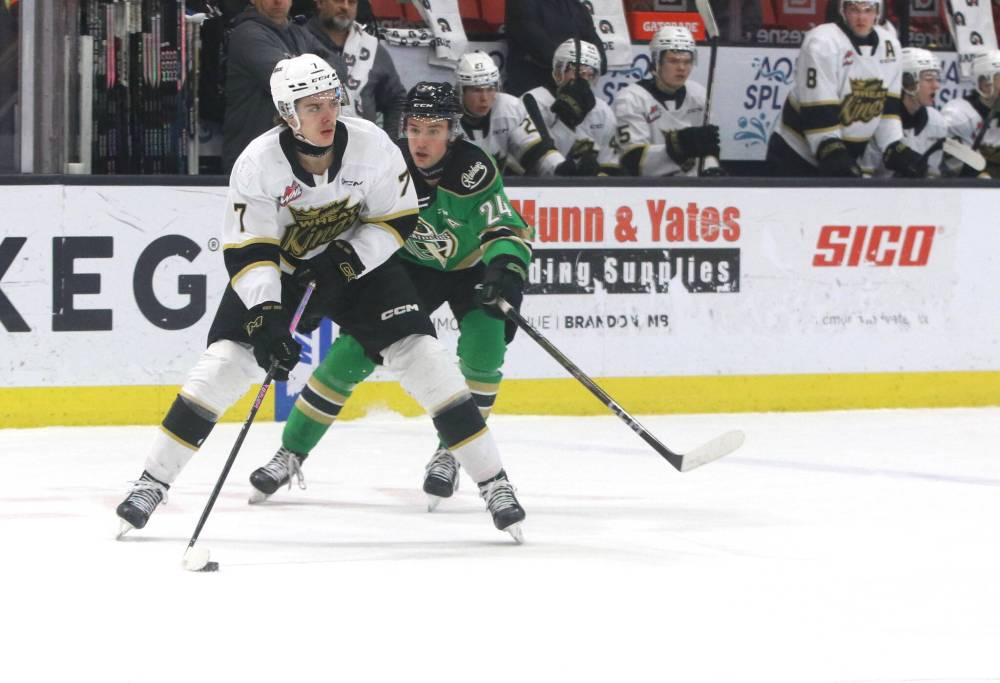 Brandon Wheat Kings defenceman Charlie Elick (7) skates away from Prince Albert Raiders forward Niall Crocker (24) last Sunday at Westoba Place. Elick plays on the team's top defensive pairing with Quinn Mantei. (Perry Bergson/The Brandon Sun)