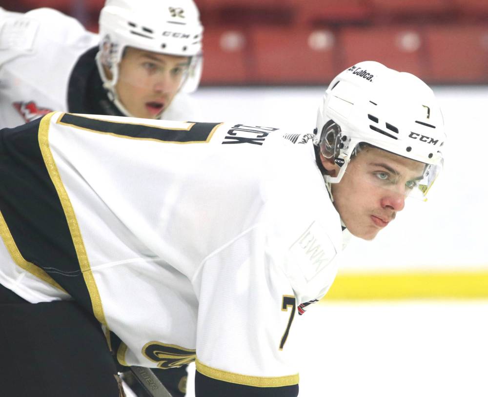 Brandon Wheat Kings defenceman Charlie Elick (7), shown waiting for the puck to be dropped, is the 28th ranked North American skater in Central Scouting's recent midterm rankings for the 2024 National Hockey League draft. (Perry Bergson/The Brandon Sun)