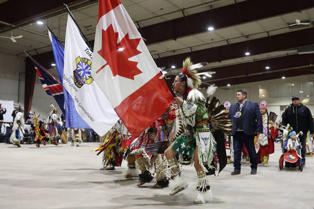 The grand entry with dancers and dignitaries during 2023's Winterfest at the Keystone Centre. The annual event takes place this year from Jan. 25-28 and features a powwow, talent show, Indigenous art and trade show, hockey, volleyball and basketball tournaments, among other events. (File)