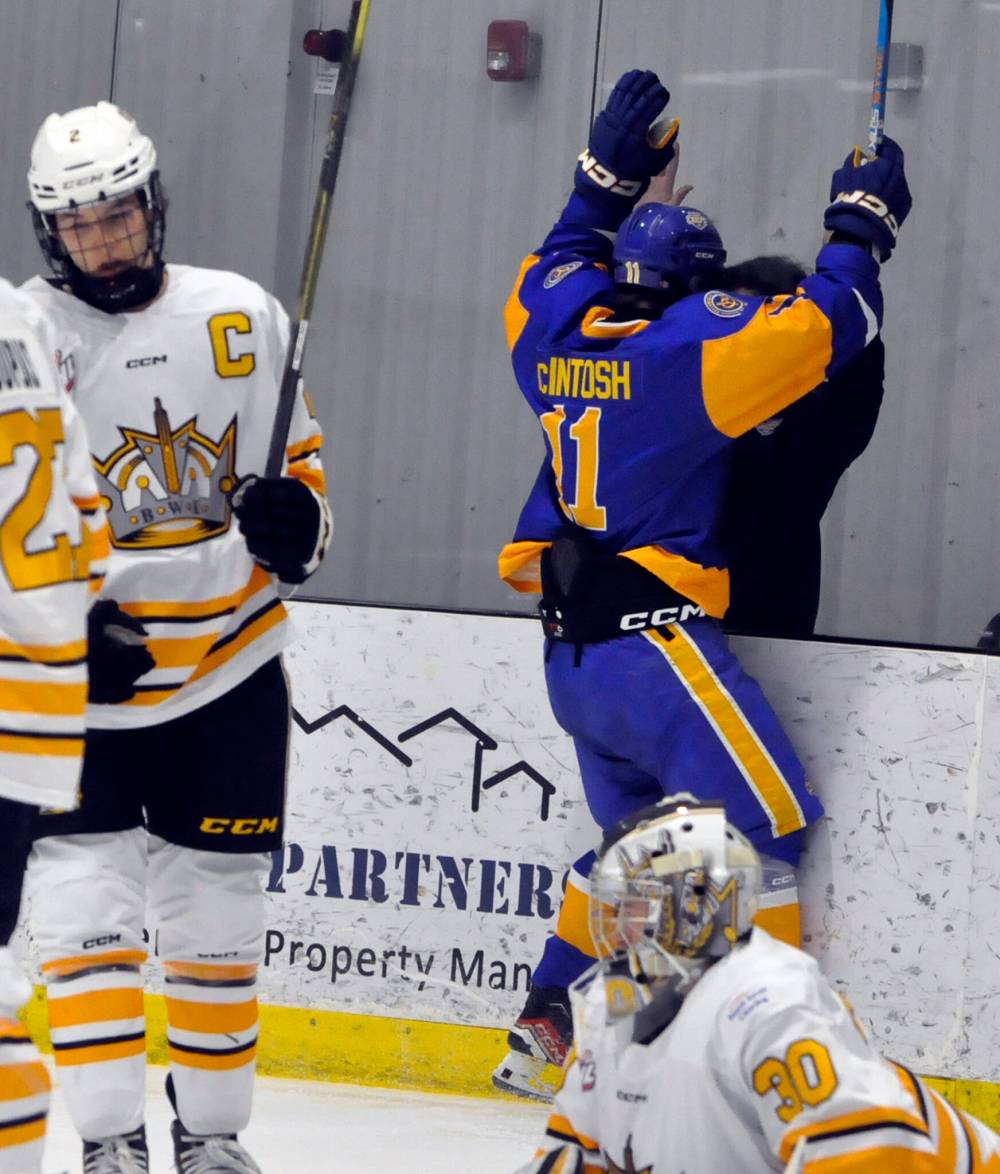 Yellowhead Chiefs forward Addison McIntosh celebrates the first of his three goals on Brandon Wheat Kings goalie Matthew Michta during second period action. Outshot 55-23, the Chiefs dropped a 6-3 decision.