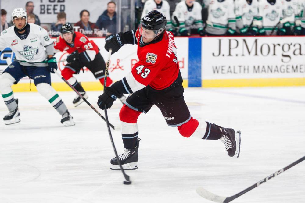Defenceman Ryder Thompson of Russell has a goal and 14 assists for the Portland Winterhawks and is closing in on eclipsing his single season high for points. (Keith Dwiggins/Portland Winterhawks)