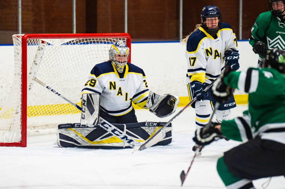Northern Alberta Institute of Technology Ooks goaltender Kaitlyn Slator of Brandon makes a save earlier this season. The fifth-year goaltender has set a new Alberta Colleges Athletic Conference record earlier this month for career wins with 47. (Courtesy NAIT)