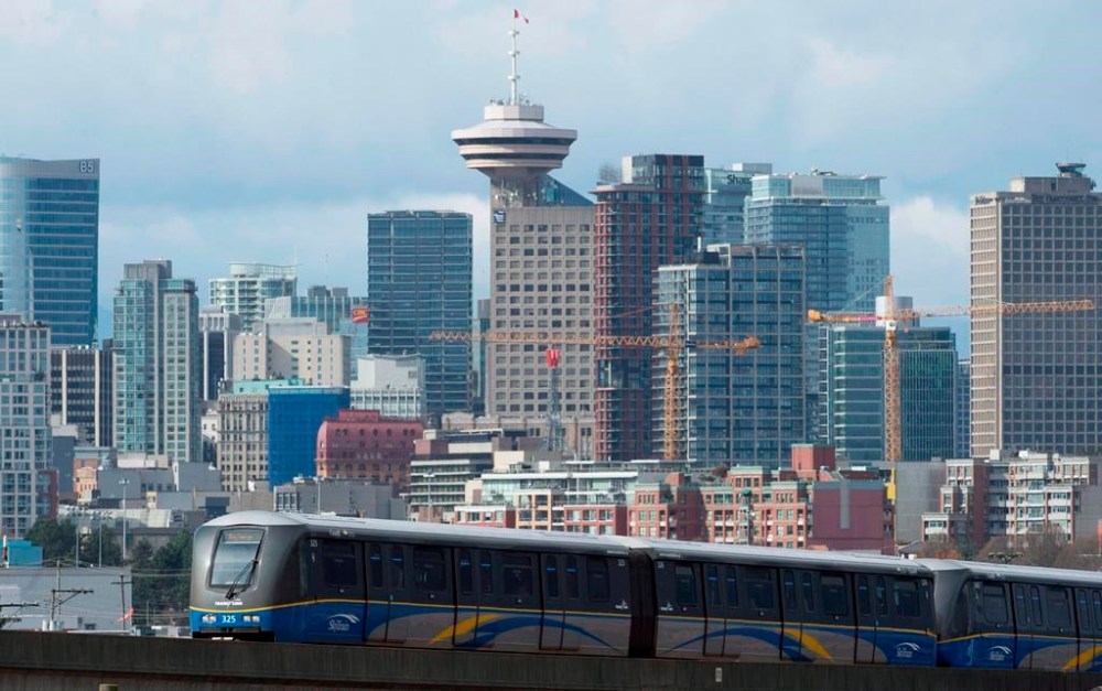 A SkyTrain is pictured in downtown Vancouver, Saturday, March 14, 2015. THE CANADIAN PRESS/Jonathan Hayward