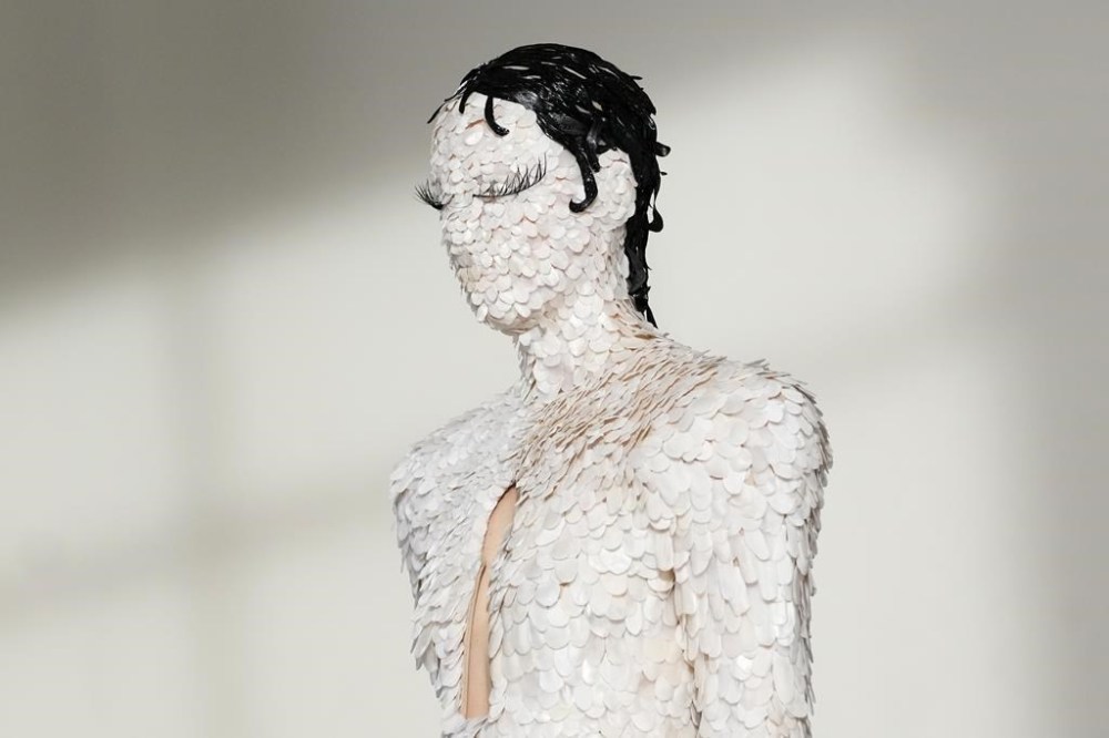 A model wears a creation for Schiaparelli's Haute Couture Spring-Summer 2024 collection presented in Paris, Monday, Jan. 22, 2024. (AP Photo/Christophe Ena)