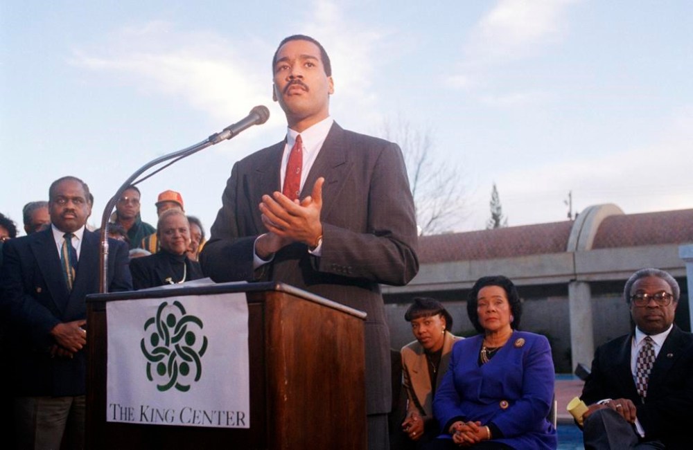 FILE - Dexter King, son of Martin Luther King Jr., speaks to the press outlining his family's plan for an interactive museum to be built at the MLK Center in Atlanta, Dec. 28, 1994. Dexter Scott King, the younger son of Martin Luther King Jr. and Coretta Scott King, has died after battling prostate cancer. The King Center in Atlanta says the 62-year-old son of the civil rights leader died Monday, Jan. 22, 2024 at his California home after battling prostate cancer. (AP Photo/Leita Cowart, file)