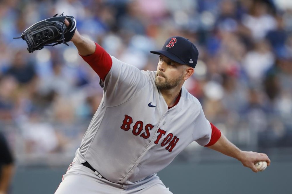 FILE - Boston Red Sox pitcher James Paxton delivers to a Kansas City Royals batter during the first inning of a baseball game in Kansas City, Mo., Friday, Sept. 1, 2023. Left-hander James Paxton and the Los Angeles Dodgers have agreed to an $11 million, one-year contract, a person familiar with the negotiations told The Associated Press. The person spoke on condition of anonymity Tuesday, Jan. 23, 2024, because the agreement was subject to a successful physical. (AP Photo/Colin E. Braley, File)