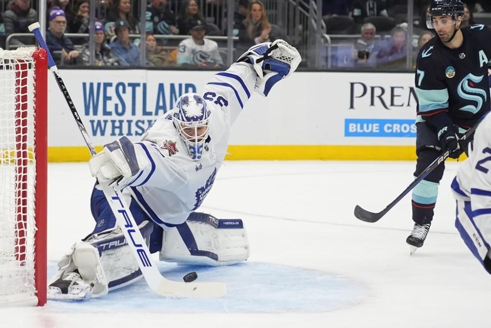 Ilya Samsonov hasn't had a lot to smile about this season. The Maple Leafs goaltender struggled early and lost the No. 1 job in Toronto before enduring the embarrassment of being placed on waivers. Samsonov (35) blocks a shot as Seattle Kraken right wing Jordan Eberle (7) looks on during the third period of an NHL hockey game Sunday, Jan. 21, 2024, in Seattle. THE CANADIAN PRESS/AP-Lindsey Wasson