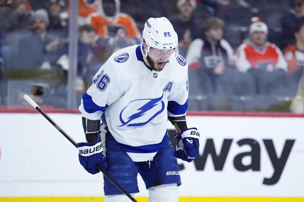 Tampa Bay Lightning's Nikita Kucherov reacts after scoring a goal during the first period of an NHL hockey game against the Philadelphia Flyers, Tuesday, Jan. 23, 2024, in Philadelphia. (AP Photo/Matt Slocum)