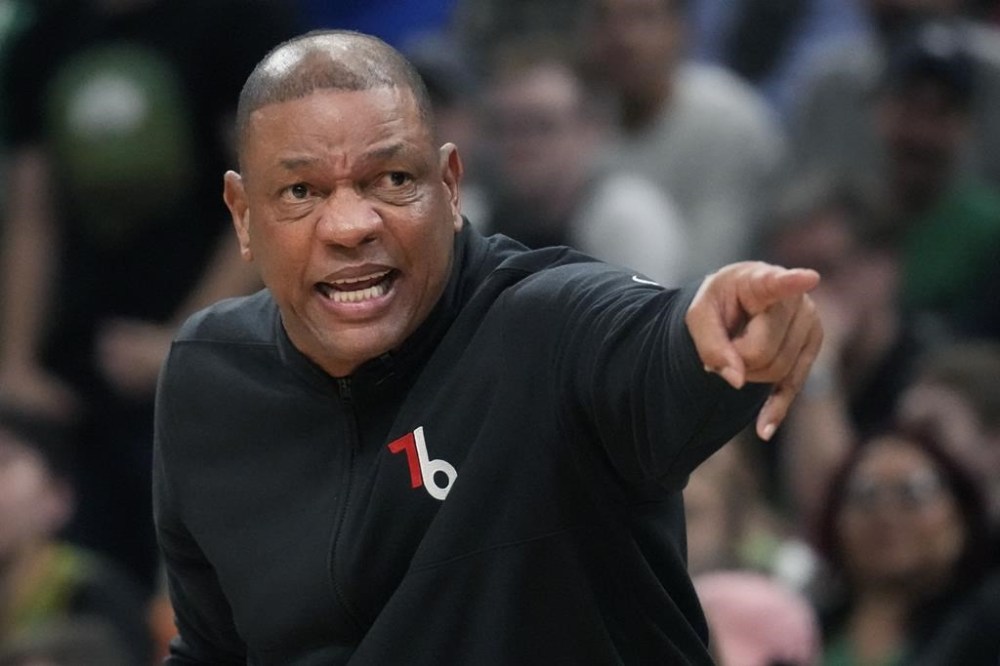 FILE - Philadelphia 76ers coach Doc Rivers calls to players during the first half of Game 5 of the team's NBA basketball Eastern Conference semifinal playoff series against the Boston Celtics on Tuesday, May 9, 2023, in Boston. Doc Rivers is finalizing a deal to take over as the Milwaukee Bucks coach a day after the firing of Adrian Griffin, a person with knowledge of the negotiations told The Associated Press on Wednesday, Jan. 24, 2024. (AP Photo/Charles Krupa, File)
