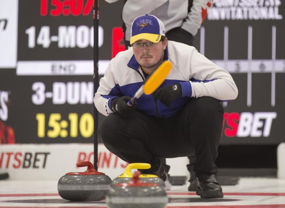 Skip Sam Mooibroek is seen during men's draw 4 against team Dunstone at the Pointsbet Invitational, in Oakville, Ont., Sept. 28, 2023. THE CANADIAN PRESS/HO-Curling Canada, Michael Burns, *MANDATORY CREDIT*