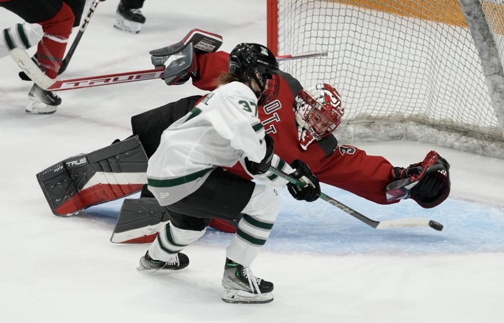 Boston's Theresa Schafzahl scores on Ottawa goalie Emerance Maschmeyer during third period PWHL action, Wednesday, January 24, 2024 in Ottawa. THE CANADIAN PRESS/Adrian Wyld