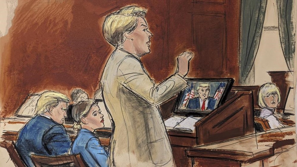 In this courtroom sketch, E Jean Carroll's attorney Roberta Kaplan gives her summation to the jury in Manhattan federal court as former President Donald Trump, far left, and E. Jean Carroll, far right, listen, Friday, Jan. 26, 2024, in New York. A jury has begun deliberating in the defamation trial against former President Donald Trump, deciding if he owes writer E. Jean Carroll money after a jury last year concluded that he sexually abused her in 1996. (Elizabeth Williams via AP)