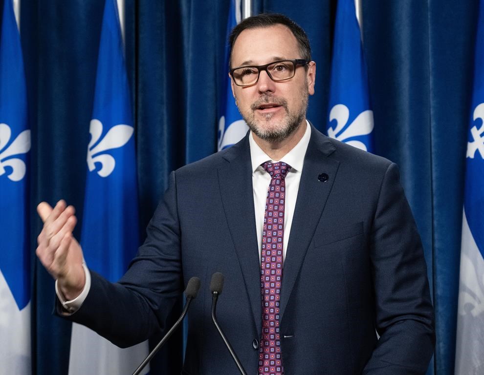 Coalition Avenir Quebec Minister of the French Language Jean-François Roberge speaks at a news conference, Thursday, Nov. 23, 2023 at the legislature in Quebec City. A proposed regulation governing the language of commercial signage in Quebec is attracting skepticism from the administration of U.S. President Joe Biden administration, which this week expressed