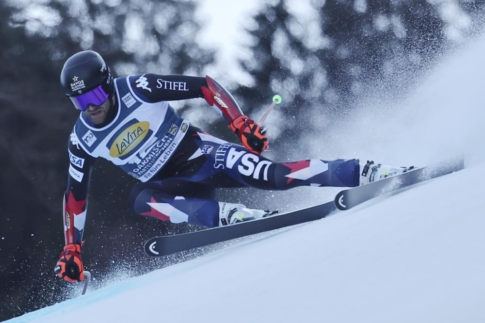 United States' Ryan Cochran Siegle speeds down the course during an alpine ski, men's World Cup super G race, in Garmisch-Partenkirchen, Germany, Sunday, Jan. 28, 2024. (AP Photo/Marco Trovati)