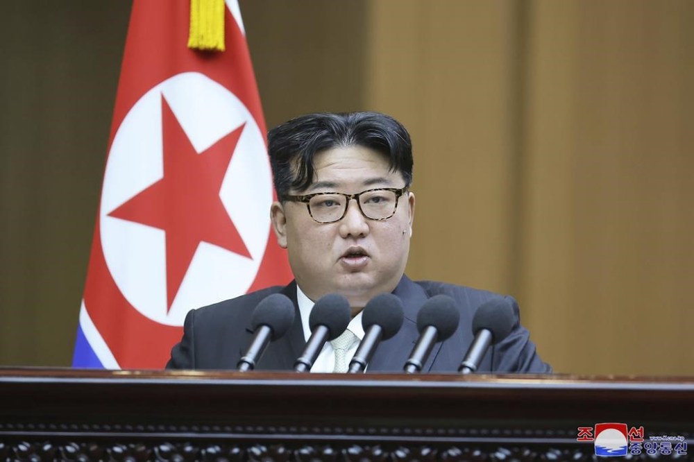 FILE - In this photo provided by the North Korean government, North Korean leader Kim Jong Un speaks at the Supreme People's Assembly in Pyongyang, North Korea, Monday, Jan. 15, 2024. Independent journalists were not given access to cover the event depicted in this image distributed by the North Korean government. The content of this image is as provided and cannot be independently verified. Korean language watermark on image as provided by source reads: