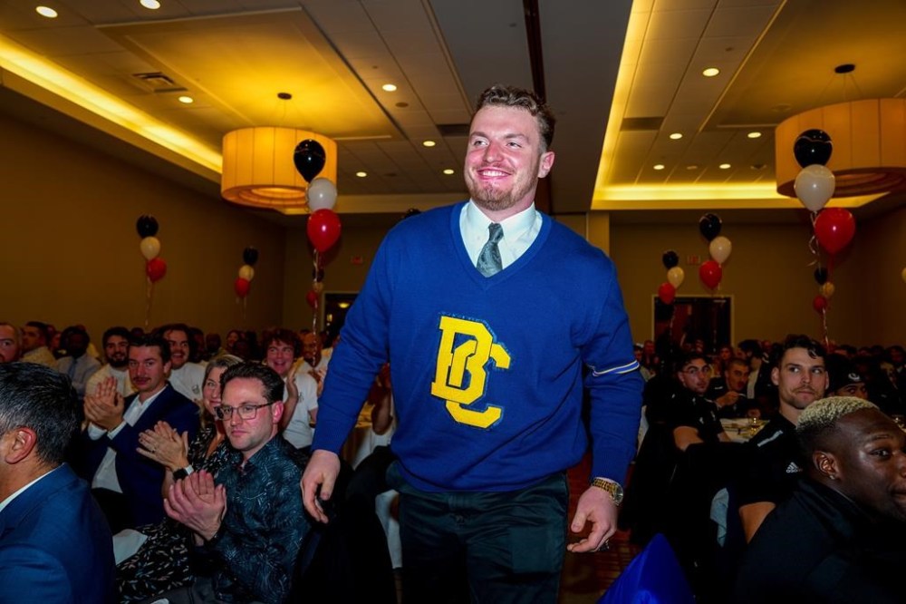University of British Columbia Thunderbirds offensive lineman Theo Benedet reacts after winning the J.P. Metras Trophy at the 2023 USports Football Awards in Kingston, Ont., on Thursday, Nov. 23, 2023. On Nov. 25, the towering University of British Columbia tackle capped a decorated college football career playing in the Vanier Cup. But there wouldn't be a storybook ending as the Montreal Carabins got past the Thunderbirds 16-9 at Richardson Stadium in Kingston, Ont. Two months later, the sting of that defeat still lingers. THE CANADIAN PRESS/Reuben Polansky-Shapiro