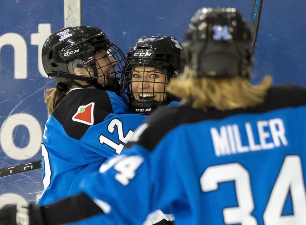 Boston centre Alina Muller, Ottawa centre Brianne Jenner and Toronto right-wing Natalie Spooner have been named the Professional Women’s Hockey League's three stars of the week. Spooner (24) celebrates with teammates Allie Munroe (12) and Hannah Miller (34) after scoring against New York during second period PWHL action in Toronto, Friday, Jan. 26, 2024. THE CANADIAN PRESS/Frank Gunn